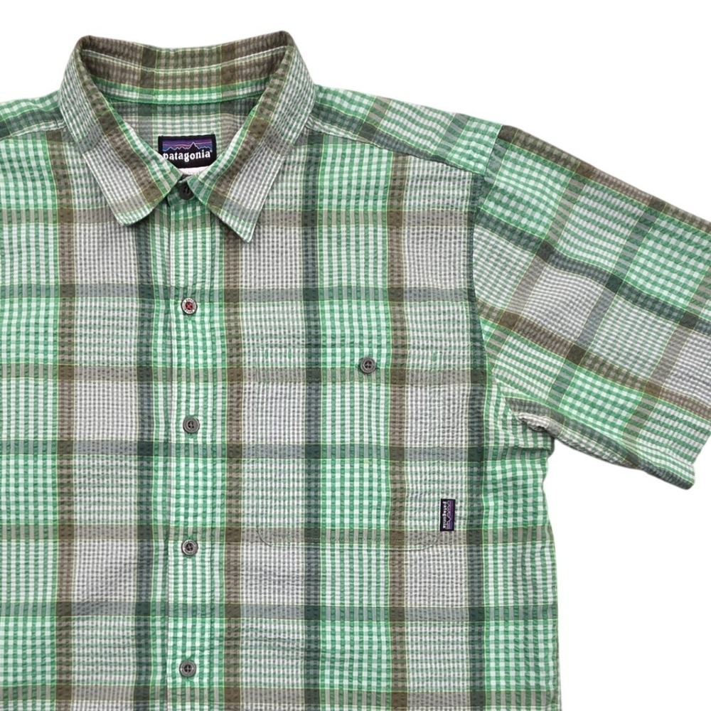 Patagonia Puckerware Shirt Green Plaid Seersucker Button Down Mens Medium